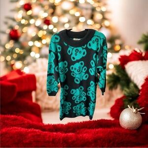 Rare 80s Vintage Teal And Black Teddy Bear Sweater Dress-M- Ricki Miss Erika